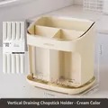 Cream vertical drainer box for cutlery with 10 pairs of alloy chopsticks on countertop - With 10 Pairs Chopsticks / Cream