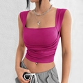 Slim fit purple square neck sleeveless top with ruching details for women - S / Rose Red