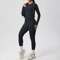 Three-piece black yoga set featuring a zip-up jacket, racerback tank, and high-waist leggings - S / Black
