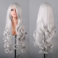 Detailed view of long white wavy cosplay wig with natural synthetic synthetic fibers - Silver Grey