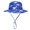 Detail of adjustable chin strap and shark print on quick-dry kids sun hat - Royal Blue Shark