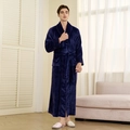 Thick navy blue flannel bathrobe for men featuring a tie-waist and warm fleece texture - Navy Blue [Male]