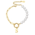 Imitation pearl and paperclip chain bracelet featuring a gold letter S pendant detail - Gold - Letter S