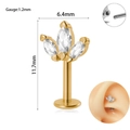 Golden 16G lip stud with marquise zircon leaves and dimensions for ear piercing - Style 1 / 1.2x6mm / Gold