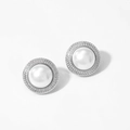 Elegant 316 stainless steel earrings with large round pearls and silver beaded borders - Silver Round Bead Edge Earrings D2843