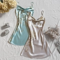 Silky satin sleeveless chemise sleepwear with floral prints in light blue and champagne - S / Light Green & Light Grey Set