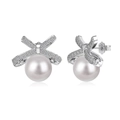 S925 sterling silver bow earrings with round white pearls and sparkling cubic zirconia - 925 Silver / Bowknot Pearl Stud Earrings (DY1D0402-S-W-WH)