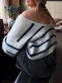 Detail showing the deep open-back design of the striped knit long sleeve sweater - XL / Blue and White Stripes
