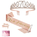 Detail view of 70th birthday set with rose gold crown, pink sash and pearl pin accessories - 70 Years Old Rose Gold (Tiara And Pink Sash And Pin)