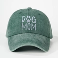 Detailed view of dark green washed cotton baseball cap with DOG MOM print and paw icon - One Size / Dark Green