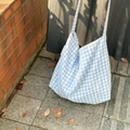 Blue and white gingham canvas tote bag with wide shoulder straps and side woven label - Light Blue Plaid