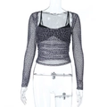 Chic grey leopard print mesh long sleeve top with black camisole layering set - S / Gray