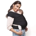 Black ergonomic baby wrap carrier in soft fabric shown with mother and sleeping infant - Black