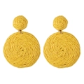 Detailed macro view of yellow raffia woven round drop earrings with golden metal rings - Bright Yellow Woven Round Dangle Earrings