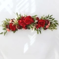 Artificial flower arrangement with red roses and green leaves for wedding chair decor - Red