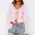 Light pink long sleeve knitted cardigan with v-neck ruffles and front tie closure - S / Pink