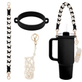 Daisy woven handle with black silicone ring and mesh pouch for tumbler water bottle - K68936 Black White Set