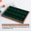 18-slot walnut wood jewelry tray with dark green velvet lining for ring storage - Walnut 18-Grid Tray Dark Green
