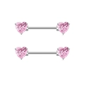 Pink heart-shaped zircon nipple rings with polished silver stainless steel bars - Pink Heart Nipple Rings Pair