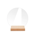 Gros plan du numéro de table rond en acrylique avec un support de base en bois rectangulaire - BT053 Petit 8x8 cm et petite base en bois