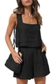 Γυναικείο λινό σετ 2 τεμαχίων με αμάνικη μπλούζα και μαύρο σορτς για το καλοκαίρι - S / Τοπ Και Παντελόνι / Μαύρο
