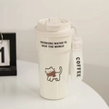 Creamy white insulated coffee mug with cat print, straw and woven carry strap - 500ml / 304 Stainless Steel / White Cat