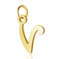 Detailed view of a polished golden letter V pendant made of stainless steel with jump ring - Letter V