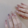 Handmade purple gradient long coffin press-on nails with pearls and gold chain decor - 64 Long Coffin Alps (XS)