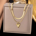 Double-layered gold titanium necklace with heart pendant and flat snake chain design - Double Layer Heart / Gold