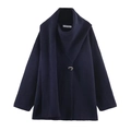 Women's dark blue short knit coat featuring a unique scarf collar and metallic button - S / Black