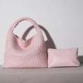 Pink woven leather hobo bucket bag with matching interior zipper pouch set - Pink
