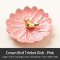 Pink leaf-shaped ceramic jewelry tray featuring a gold bird with crown decoration - Crown Bird Tray - Pink