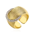 Minimalist wide gold geometric ring with textured ripples and CZ stone moon detail - Adjustable Open / Gold Moon Style (14343)