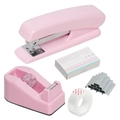 Dettaglio del set di cancelleria rosa con cucitrice e dispenser di nastro su fondo bianco - Set da 5 pezzi / Scatola Aereo / Rosa