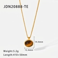 18K gold stainless steel necklace with oval tiger eye stone pendant on white background - Oval Tiger Eye Vintage Pendant Necklace (JDN20888-TE)