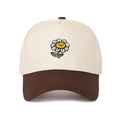 Close-up of smile sunflower embroidery on bicolor beige and brown cotton baseball cap - Beige/Coffee