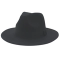 Detailed close-up of a black wide-brimmed wool fedora with a matching grosgrain ribbon band - Black