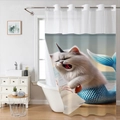Detalle de cortina de ducha tipo gofre con anillas de metal y diseño de gato - SYL-1 (Gato Sirena) / 181cmx188cm