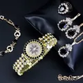 Detailed view of women's watch set featuring black stones and sparkling crystals - 5-Piece Set (25111) / 25111 Watch + Bracelet + Necklace + Earrings + Ring
