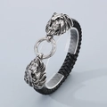 Men's braided leather bracelet featuring detailed silver-tone double lion head charms - Silver Lion Head (KB76471-BD) / 21cm