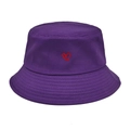Detailed view of red heart embroidery on a purple cotton bucket hat with parallel stitching - M (56-58cm) / Purple