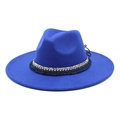 Detail of royal blue wool felt fedora with ornate woven band and stylish fringe trim - M (56-58cm) / Sapphire Blue