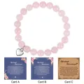 Detail of pink natural stone bracelet with heart pendant and friendship greeting cards - Rose Quartz