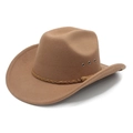 Classic camel wide brim western cowboy wool felt hat with braided leather strap detail - M (56-58cm) / Khaki