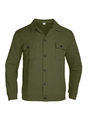 Detailed view of olive green waffle knit texture and button-up closure of the shirt jacket - Green