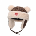 Winter leopard print plush earflap hat for kids with fuzzy pom-poms and warm lining - Coffee BACKNOW Tag Style (Coffee C)
