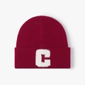 Winter wine red knit beanie with white fuzzy C letter patch embroidery for women - Red