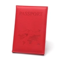 Red PU leather passport holder featuring an embossed world map and airplane design - Passport Cover / Red