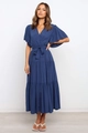 Navy blue V-neck wrap dress with ruffle sleeves and tiered skirt featuring waist tie - S / Top And Bottom / Dark Blue