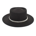 Detail of black straw boater hat featuring a woven texture and silver curb chain decor - M(56-58cm) / Black